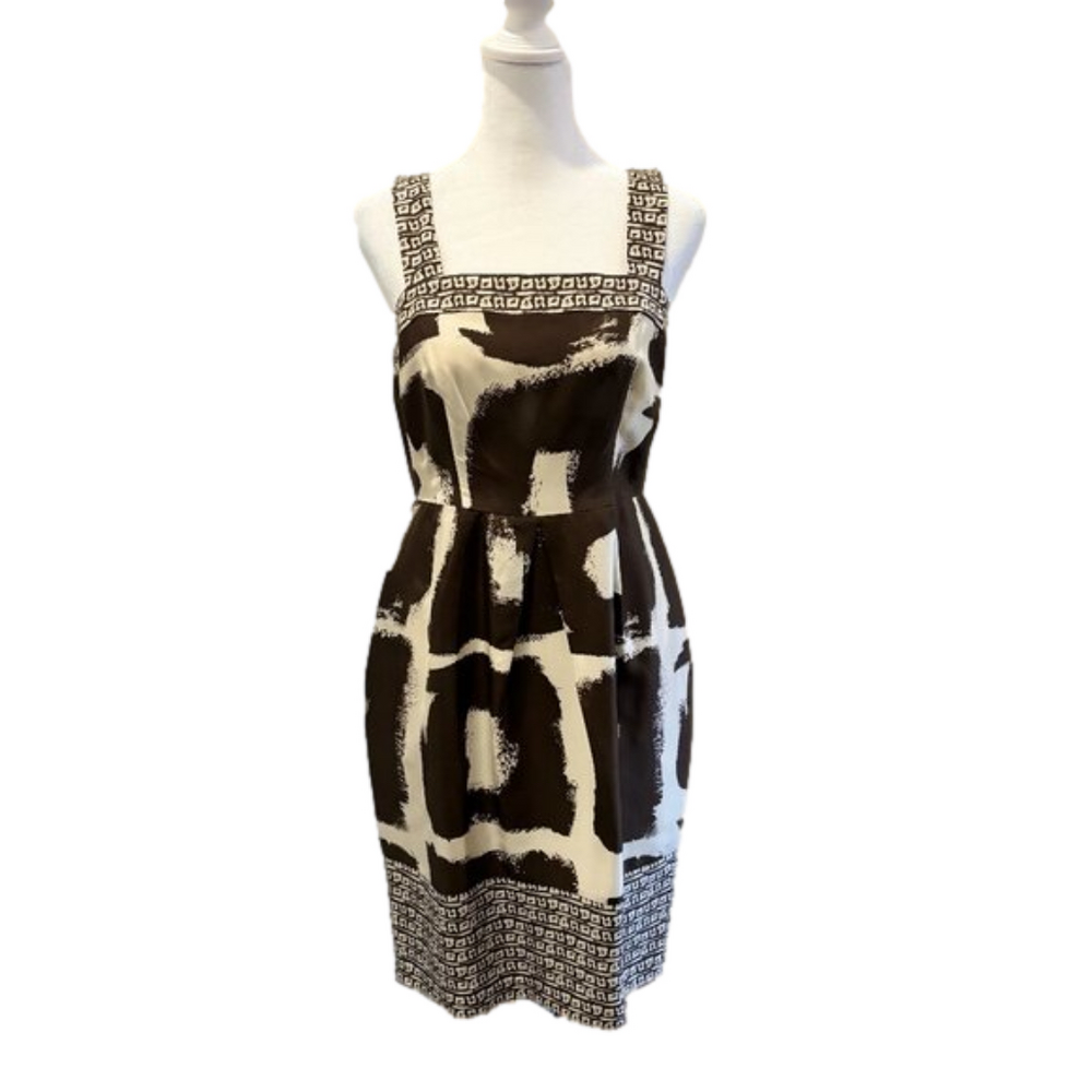 Banana Republic, Brown & Cream 100% Silk dress, fully lined, Box cut neck size 4